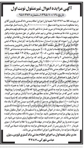 مزایده,مزایده سه دانگ یک واحد اپارتمان 78.90متر