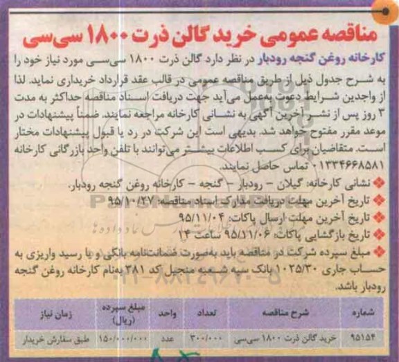 مناقصه , مناقصه خرید گالن ذرت 1800 سی سی 