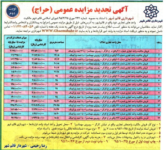 مزایده,مزایده مالکیت واحدهای تجاری نوبت دوم 