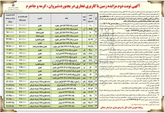 آگهی مزایده ، مزایده واگذاری چند قطعه زمین با کاربری تجاری و نانوایی نوبت دوم