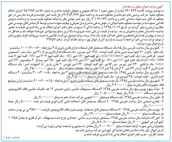 آگهی مزایده اموال منقول , مزایده فروش تابلو برق ، دوک پیچ و بوبین...