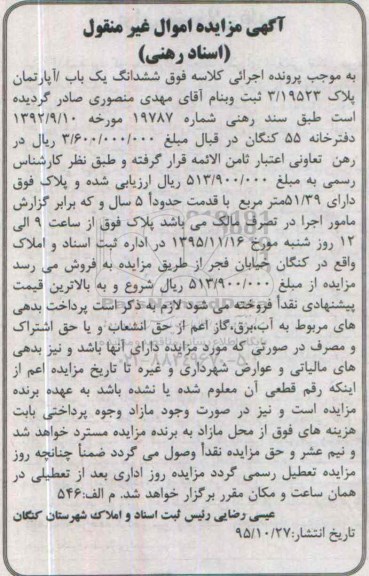مزایده,مزایده ششدانگ اپارتمان مساحت 51.39متر