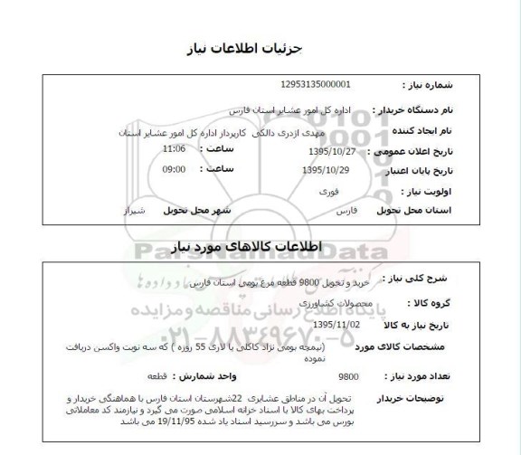 استعلام , استعلام خرید و تحویل 9800 قطعه مرغ بومی استان فارس