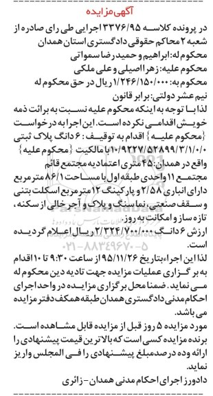 مزایده,مزایده ششدانگ پلاک ثبتی 86.1متر