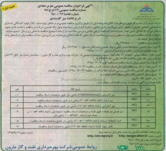 آگهی فراخوان مناقصه عمومی دو مرحله ای ، فراخوان مناقصه انواع میز ، کمد کتابخانه و فایل 95.10.28