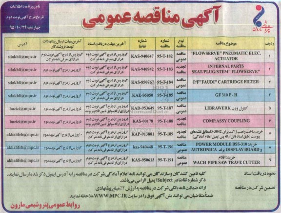 آگهی مناقصه عمومی, مناقصه FLOWSERVE PNEUMATIC ELEC. ACTUATOR نوبت دوم 