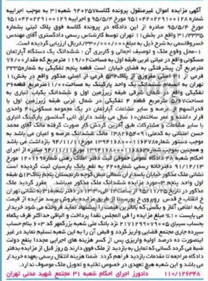 مزایده,مزایده ششدانگ اپارتمان مساحت 119.02متر