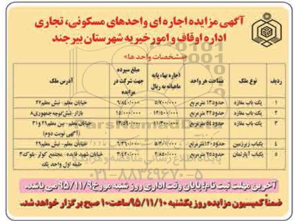 آگهی مزایده , مزایده اجاره ای واحدهای مسکونی ، تجاری 