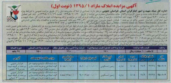 مزایده,مزایده دو قطعه زمین مسکونی عرصه هرکدام 405 متر