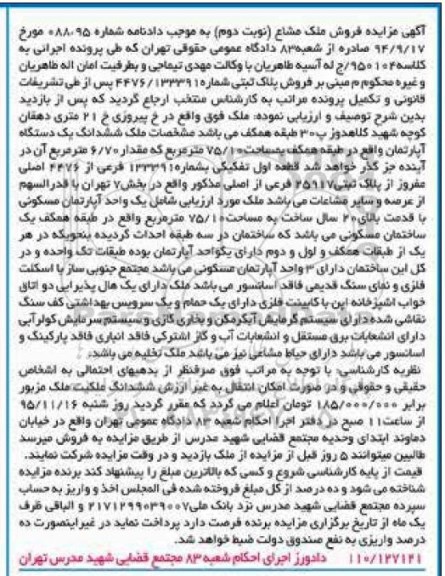 مزایده,مزایده ششدانگ اپارتمان 75.10متر نوبت دوم 