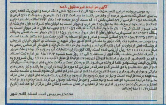 مزایده,مزایده ششدانگ عرصه و اعیان یک قطعه زمین 171.22متر 