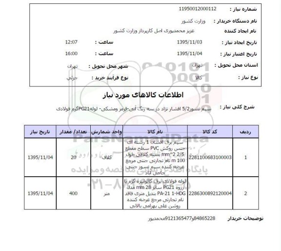 استعلام سیم نسوز 5/2 افشار نژاد 