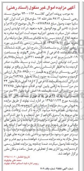 مزایده,مزایده ششدانگ پلاک باقی مانده 15 فرعی از 18 اصلی