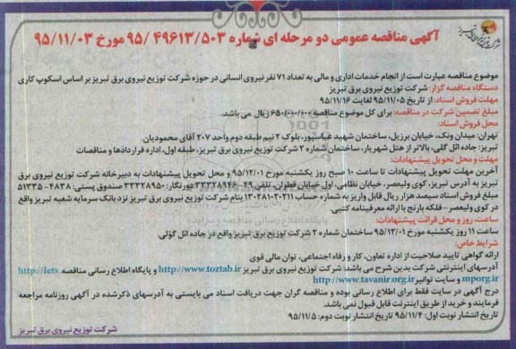 آگهی مناقصه عمومی, مناقصه  انجام خدمات اداری و مالی به تعداد 71 نفر نیروی انسانی 