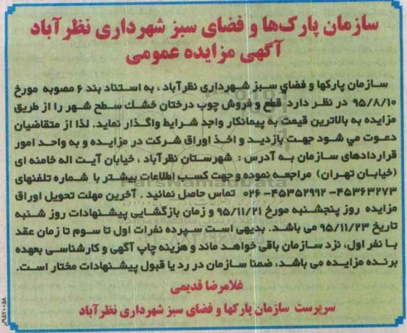 آگهی مزایده ، مزایده قطع و فروش چوب درختان خشک