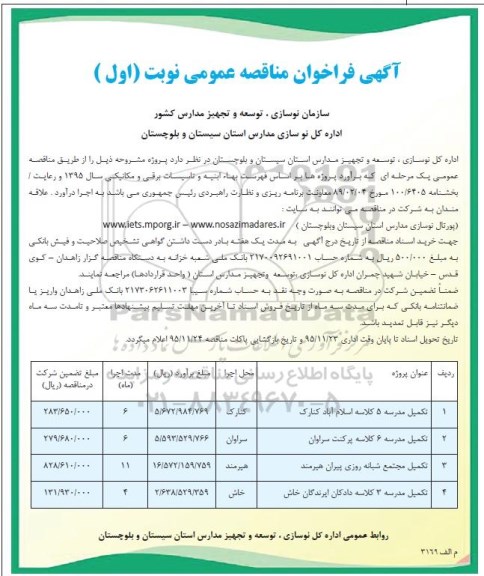آگهی فراخوان مناقصه عمومی, مناقصه تکمیل مدرسه 5 کلاسه