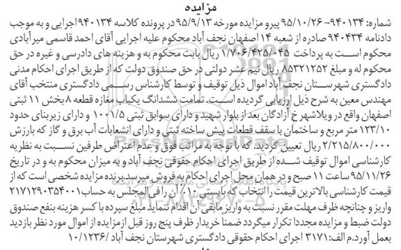 مزایده,مزایده تمامت ششدانگ مغازه قطعه هشت