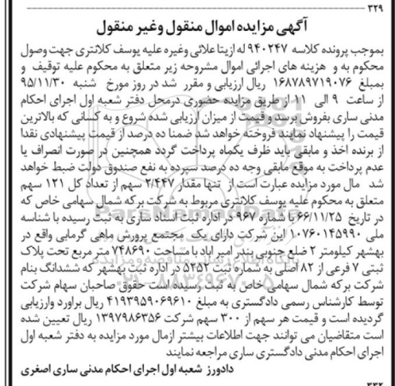 مزایده,مزایده مقدار 2.447 سهم از تعداد کل 121 سهم