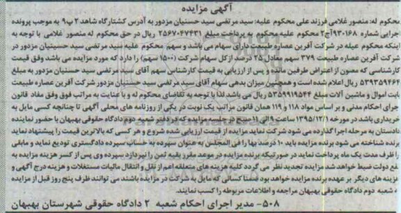 آگهی مزایده,  مزایده 379 سهم معادل 25 درصد از کل سهام 
