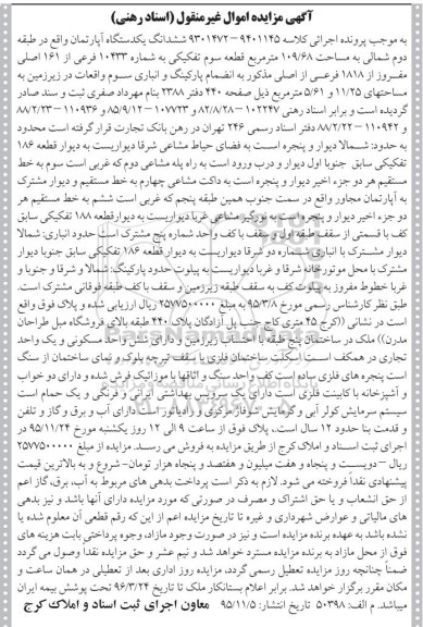 مزایده,مزایده ششدانگ اپارتمان مساحت 109.68متر