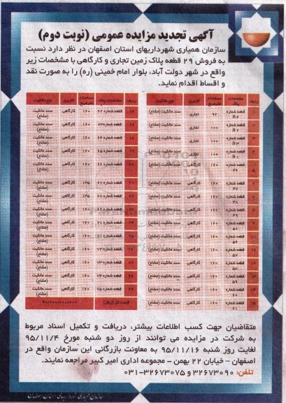 مزایده,مزایده فروش 29 قطعه پلاک زمین تجاری و کارگاهی نوبت دوم