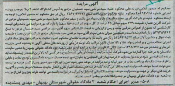 مزایده,مزایده  379 سهم معادل 25 درصد از کل سهام شرکت 