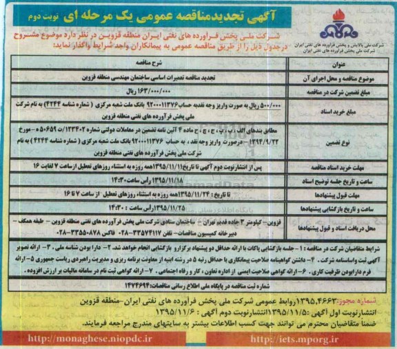 آگهی تجدید مناقصه عمومی یک مرحله ای , مناقصه تعمیرات اساسی ساختمان مهندسی منطقه قزوین تجدید نوبت دوم 