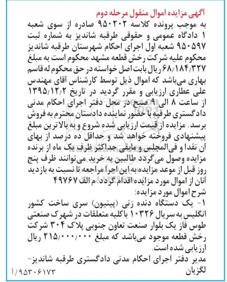 مزایده,مزایده فروش یک دستگاه دنده زنی مرحله دوم