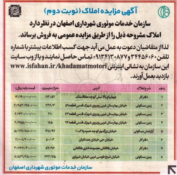 مزایده,مزایده املاک شامل دفتر کار اپارتمان و زمین نوبت دوم