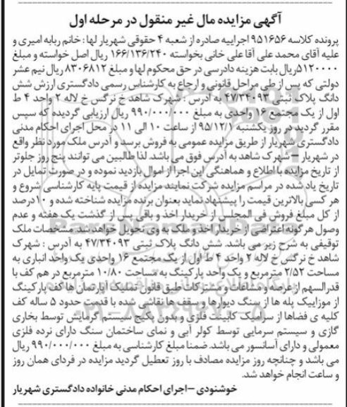 مزایده,مزایده ششدانگ پلاک ثبتی 47.34093 نوبت اول