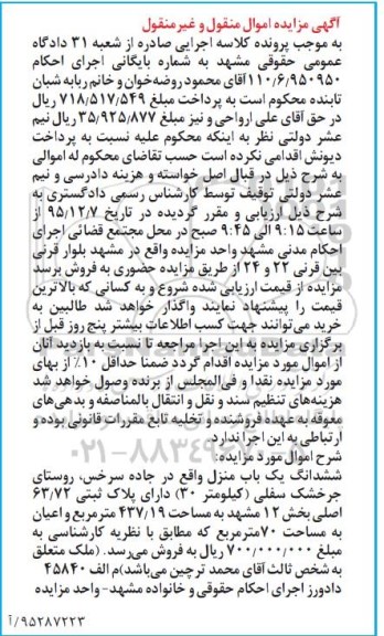 مزایده,مزایده ششدانگ یکباب منزل به مساحت 437.19 متر