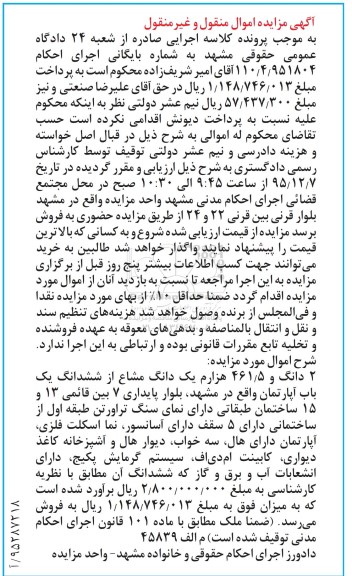 مزایده,مزایده دو دانگ و 461.5 هزارم یک دانگ مشاع از اپارتمان