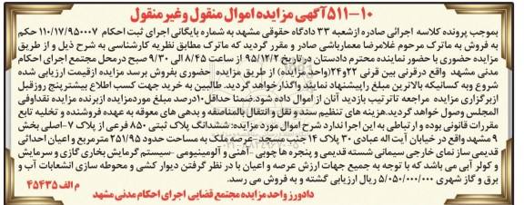 مزایده,مزایده ششدانگ پلاک ثبتی با عرصه 251.95متر