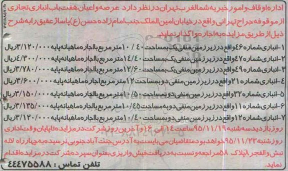 مزایده, مزایده واگذاری به اجاره عرصه و  اعیان هفت باب انباری تجاری