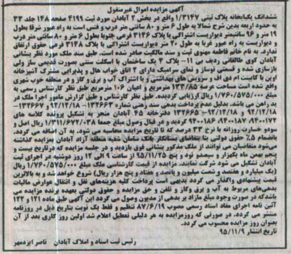 مزایده,مزایده ششدانگ یکباب خانه عرصه 133.85متر