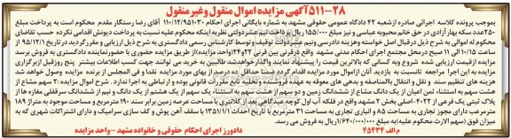 مزایده,مزایده دو سهم مشاع از هشت سهم به استثنا ثمن اعیان عرصه 190متر