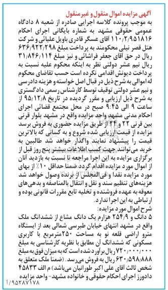 مزایده,مزایده 5 دانگ و 254.9 هزارم یک دانگ مشاع از ششدانگ ملک