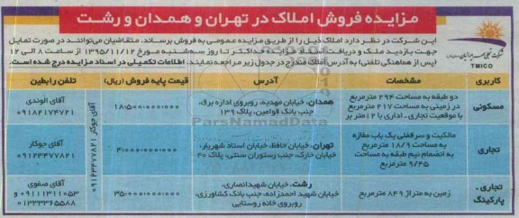 مزایده,مزایده فروش املاک در تهران و همدان و رشت 