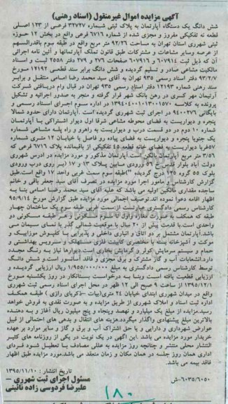 مزایده,مزایده ششدانگ اپارتمان 92.26 متر
