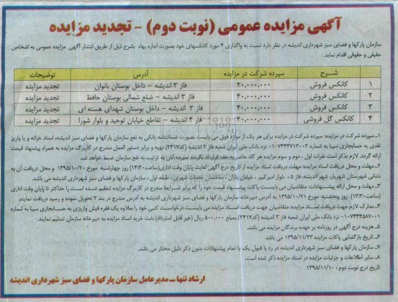 تجدید آگهی مزایده عمومی, مزایده واگذاری 4 مورد کانکسهای خود نوبت دوم 