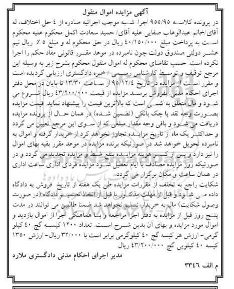مزایده تعداد 1200 کیسه گچ 95.11.10