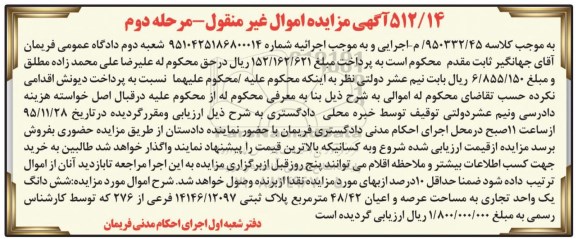 مزایده,مزایده ششدانگ واحد تجاری عرصه و اعیان 48.42متر 