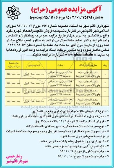 مزایده,مزایده فروش مالکیت واحدهای تجاری نوبت دوم 