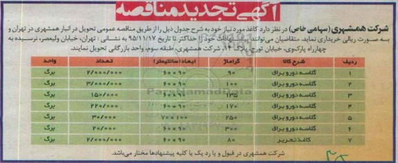 آگهی مناقصه , تجدید مناقصه کاغذ مورد نیاز 