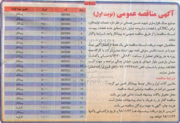 مناقصه ، مناقصه خدمات تولید (فرز، تراش ، CNCو ...)  