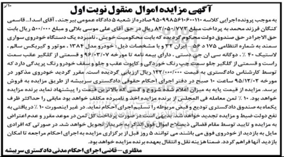مزایده,مزایده یک دستگاه خودروی سواری سمند