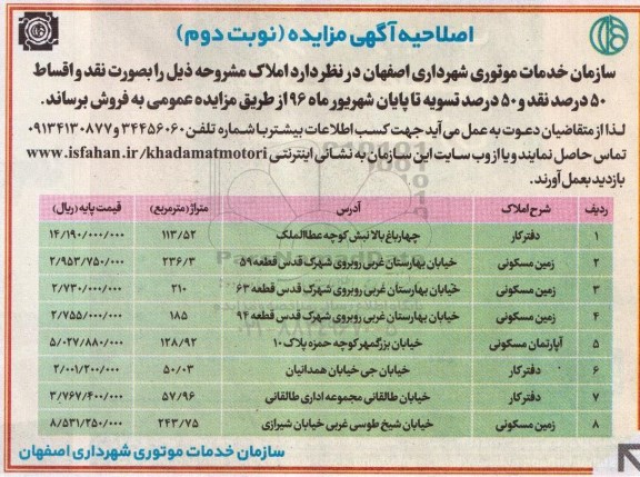 مزایده,مزایده املاک شامل دفتر کار اپارتمان و زمین اصلاحیه نوبت دوم