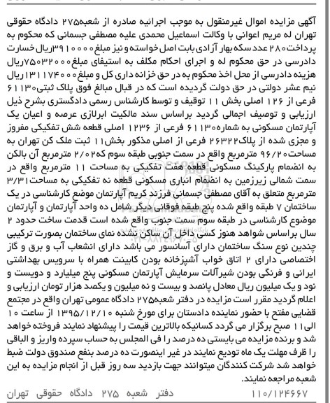 مزایده,مزایده اپارتمان مسکونی مساحت 96.20متر