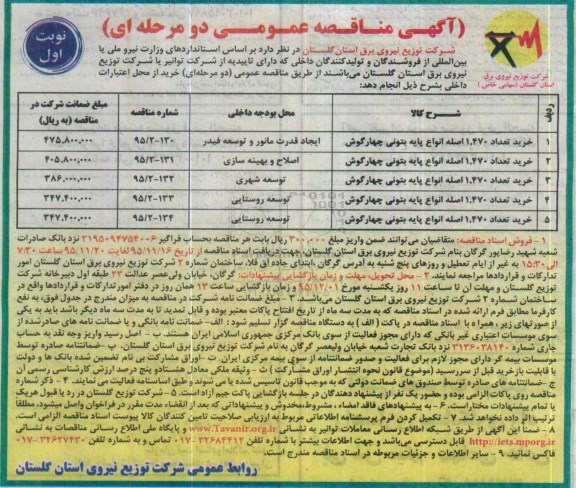 آگهی مناقصه عمومی, مناقصه خرید تعداد 1.470 اصله انواع پایه بتونی چهارگوش