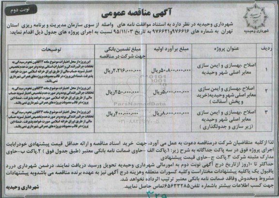 آگهی مناقصه عمومی,مناقصه اصلاح ، بهسازی و ایمن سازی معابر اصلی - نوبت دوم
